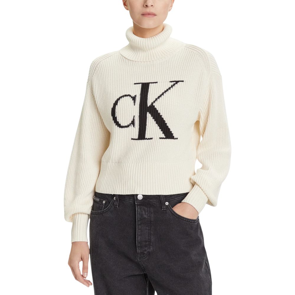 Calvin Klein Jeans - Relaxed Ribbed Logo Turtleneck Sweatshirt - Beige Calvin Klein Jeans