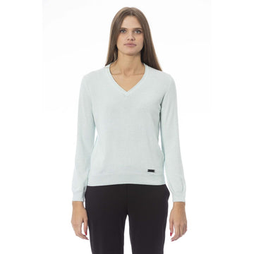 Baldinini Trend - Elegant Ribbed Trim Cashmere Blend V-Neck Sweater - Light Blue Baldinini Trend