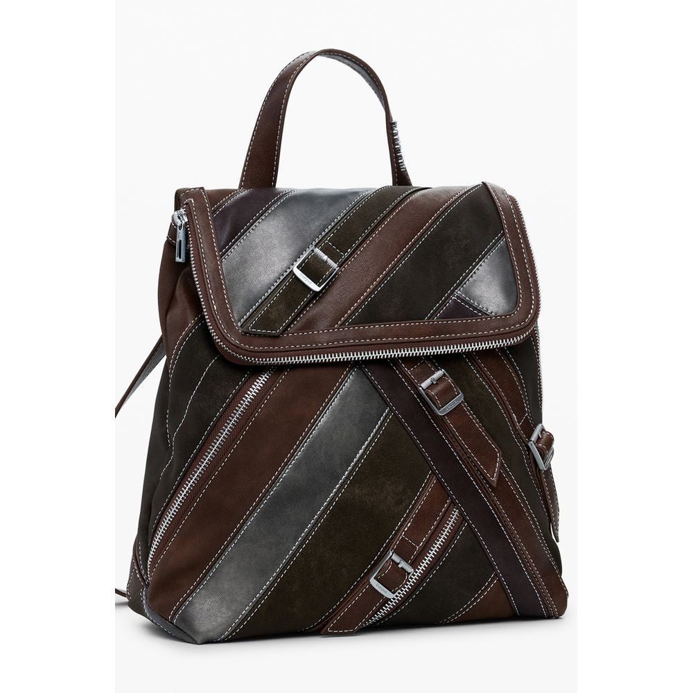 Desigual - Bold Patchwork Mini Backpack With Buckle Details - Brown Desigual