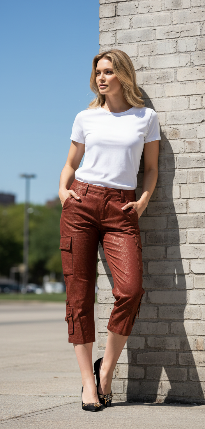 Just Cavalli Brown Lurex Mid Waist Cotton Cropped Capri Pants