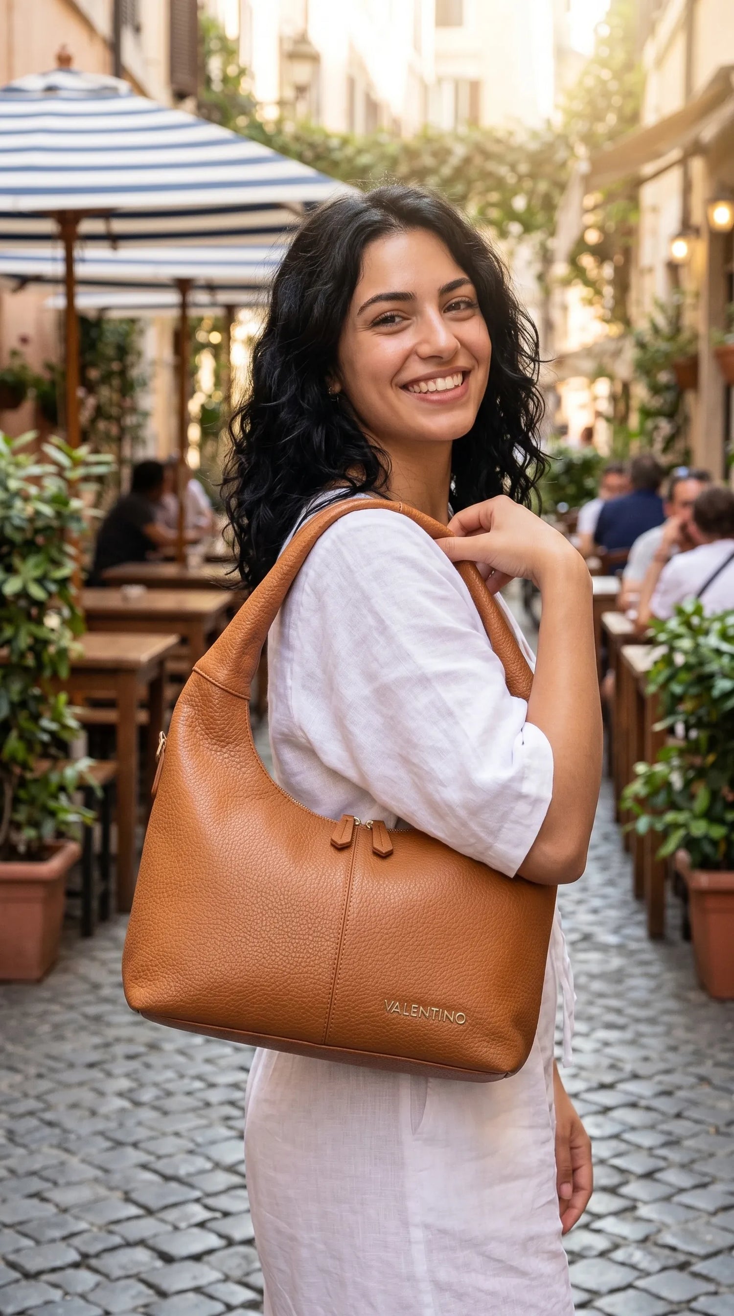Valentino - Structured Pebbled Shoulder Bag - Brown Mario Valentino