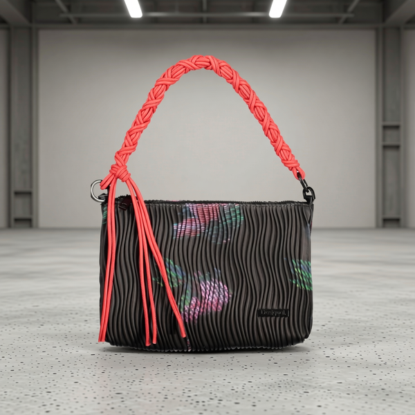 Desigual - Edgy Pleated Polyethylene Shoulder Bag With Braided Handle - Black Coral