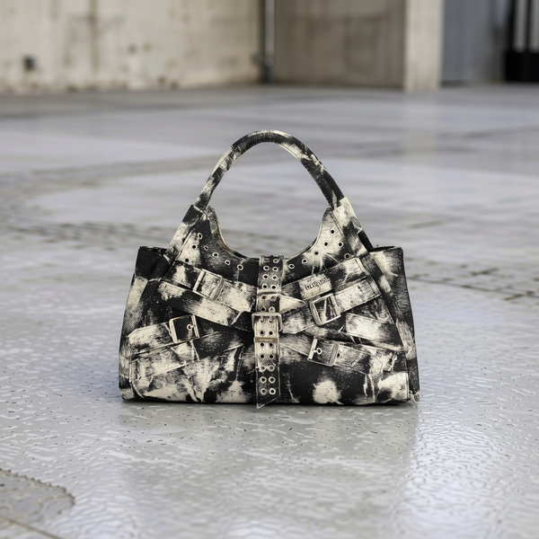 Desigual - Edgy Abstract Print Canvas Shoulder Bag With Buckles - Black Abstract
