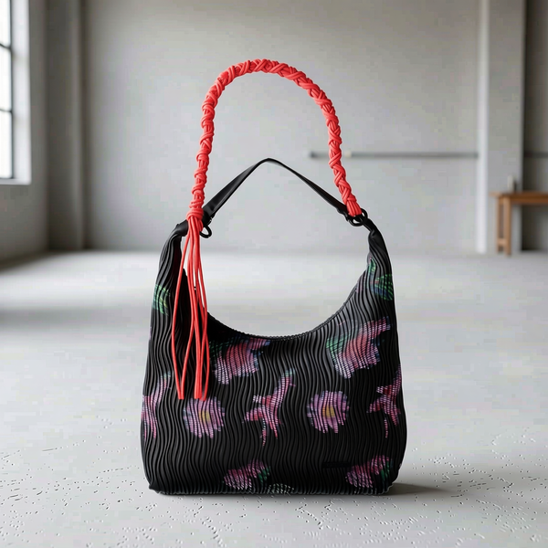 Desigual - Bold Pleated Floral Shoulder Bag With Braided Rope Handle - Black Multi