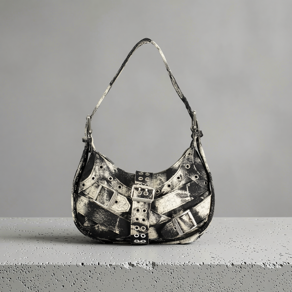 Desigual - Edgy Graphic Canvas Buckle Mini Shoulder Bag - Black White Desigual