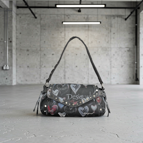 Desigual - Edgy Graffiti Heart Studded Shoulder Bag - Black