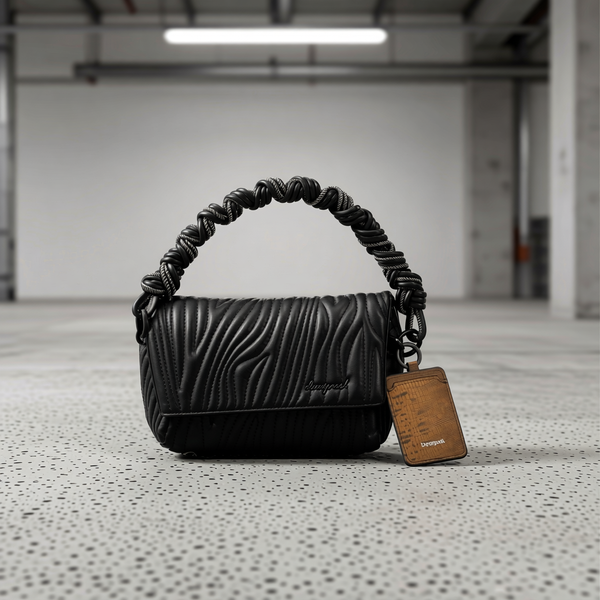 Desigual - Edgy Embossed Zebra Print Braided Handle Shoulder Bag - Black