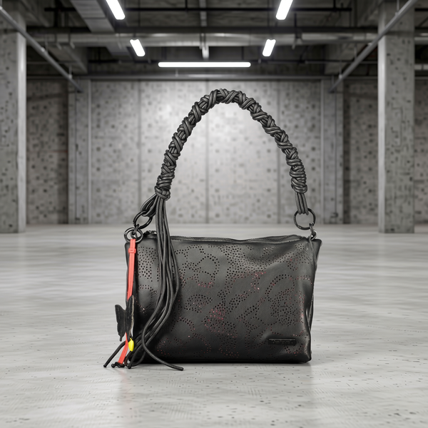 Desigual - Edgy Braided Handle Perforated Faux Leather Shoulder Bag - Black