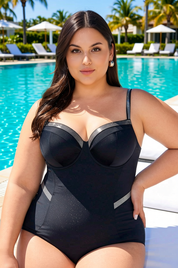 Ava - Elegant Underwire One-Piece Swimsuit with Ribbon Trim - Black Ava